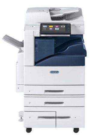 Xerox Altalink C8030 with Integrated Stapling Finisher that shows the location of the integrated finisher and it's capacity of 50 sheets per staple.
