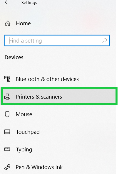 Printers and Scanners selection in the Devices selection of windows settings